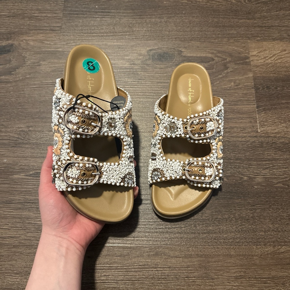 NWT HOUSE OF HARLOW BEADED DOUBLE STRAP SANDALS